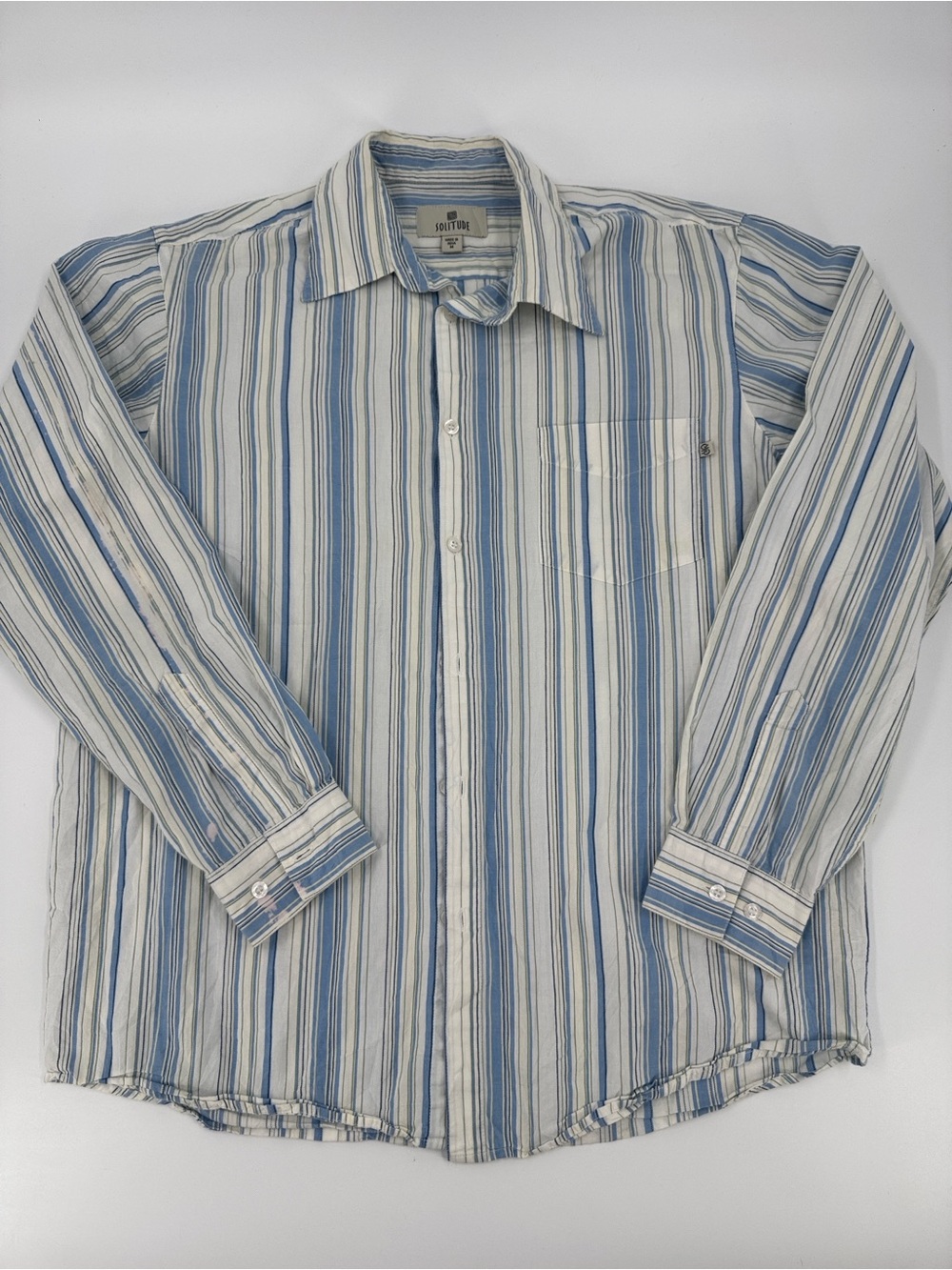 Solitude Soft Blue Stripe Men’s Button-Up Shirt Size M